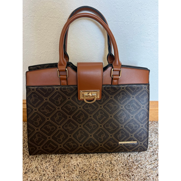 Women's Dasein Brown Tan Monogram Satchel Handbag One Size - Picture 1 of 7